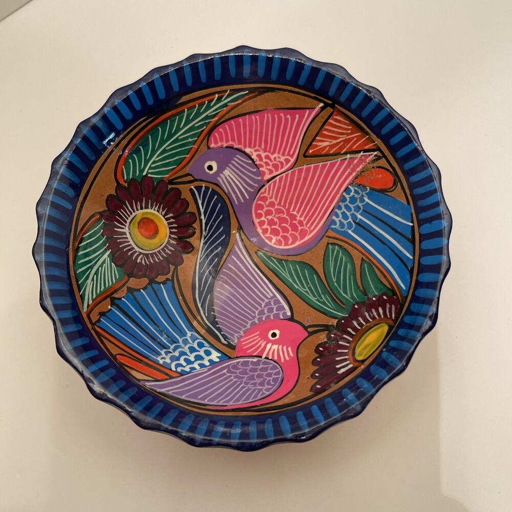 Footed Mexican Pottery Talavera Bowl Salsa Trinket Hand Painted Blue Purple Bird